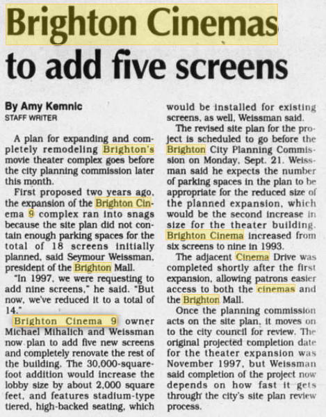 Brighton Cinemas 9 - Sept 4 1998 Article About Expansion That Never Happened